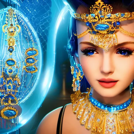 Prompt: photo of princess of sapphire, she has her eyes closed, glowing, ornate and intricate blue jewelry, jaw dropping beauty, glowing background lighting, blue accent lighting, hyper detailed, award winning photography, 4 k octane render