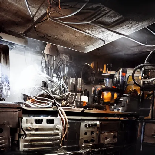 Image similar to overcharging toaster oven, tangles of metallic cables, dark messy smoke - filled cluttered workshop, dark, dramatic lighting, orange tint, sparks, plasma charges, cinematic, highly detailed, sci - fi, futuristic, movie still