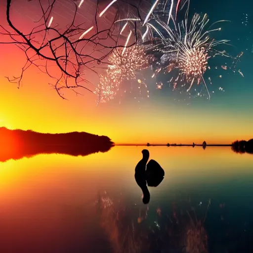 Image similar to lovebird watching fireworks show at a lake, reflective, sunset, landscape photography, nature, stones