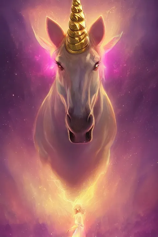 Image similar to beautiful Unicorn in gold and purple pink soft lighting, symmetrical portrait, high quality, cinematic by WLOP and Rossdraws, concept art of the character. Epic composition, hyperrealism, award-winning artwork, realistic hair, artstation trend, high quality printing, fine art with subtle redshift rendering