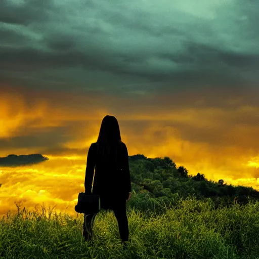 Prompt: woman in silhouette standing atop a hillside, yellow sky, green hills, trees, hinterland, artistic, intense, spooky