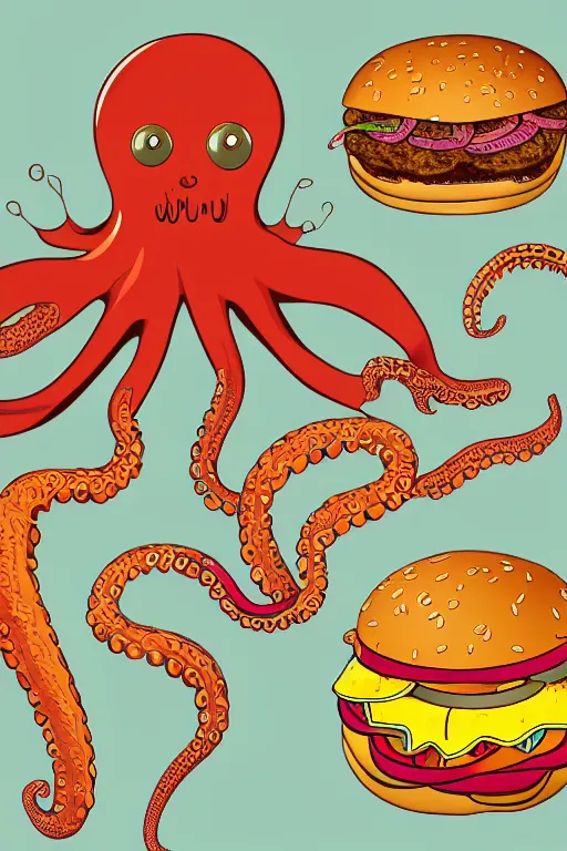 Prompt: illustration of a cheeseburger as an octopus, poster, highly detailed, 8 k, fine lines, trending on artstation