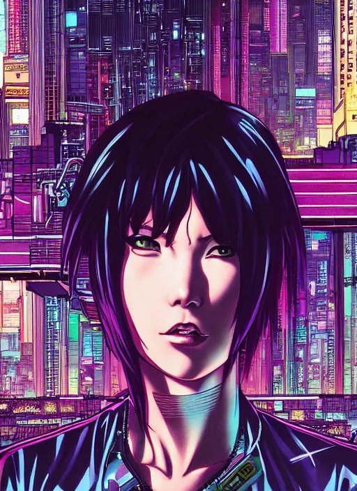 Image similar to motoko kusanagi in grungy cyberpunk megacity, intricate and finely detailed, cyberpunk vaporwave, portrait by j scott campbell, phil jimenez, ilya kuvshinov