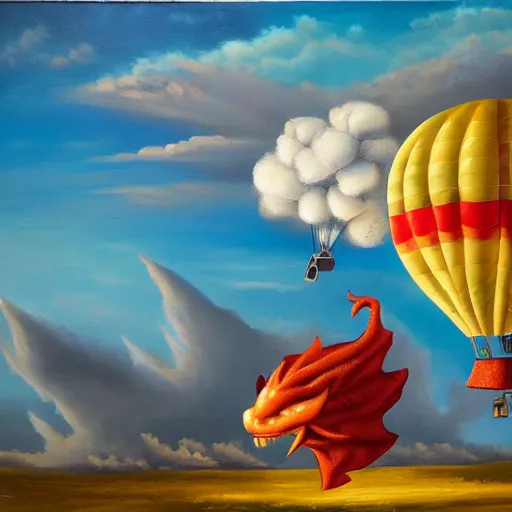 Image similar to oil painting of a hot air balloon bursting through a cloud with a dragon in the background