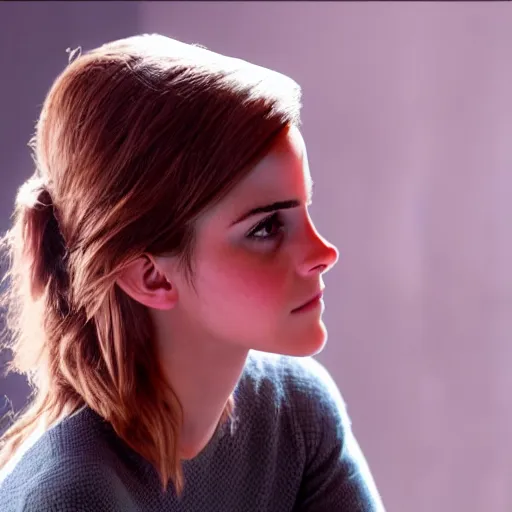 Prompt: emma watson pondering her reflection in the mirror, light, colorful 4 k photorealistic