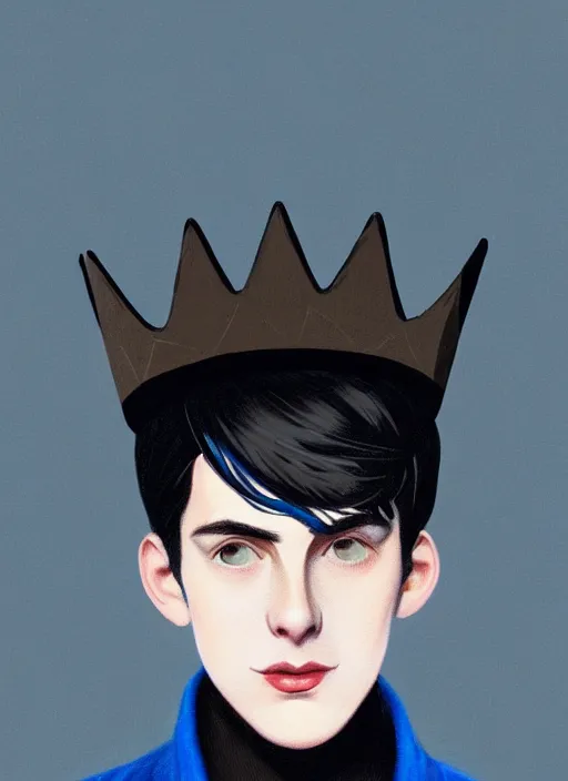 Image similar to portrait of teenage jughead jones wearing a light grey crown, crown, blue turtleneck, 1 9 5 0 s, closed eyes, photorealistic, black hair, glowing lighting, intricate, elegant, glowing lights, highly detailed, digital painting, artstation, concept art, smooth, sharp focus, illustration, art by wlop, mars ravelo and greg rutkowski