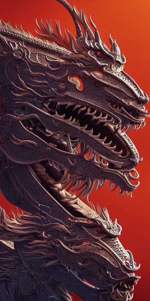 Image similar to a beautiful obverse portrait render of a single huge chinese dragon, mechanical, metal, fine texture structure, hyper detailed, perfect shadows, atmospheric lighting, 3 d render, the style of pascal blanche and sparth juan zigor samaniego, paul pepera pablo roldan, victo ngai, denoise, from china, 4 k hd