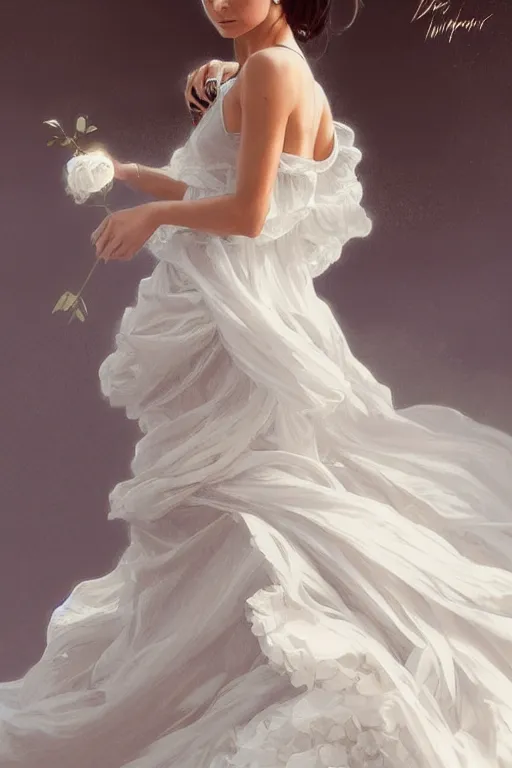 Prompt: Nina Dobrev dressed in a vaporous moving wrapped large victorian white roses organza dress fashion, D&D, fantasy, intricate, elegant, highly detailed, digital painting, artstation, concept art, matte, sharp focus, illustration, art by Artgerm and Greg Rutkowski and Alphonse Mucha