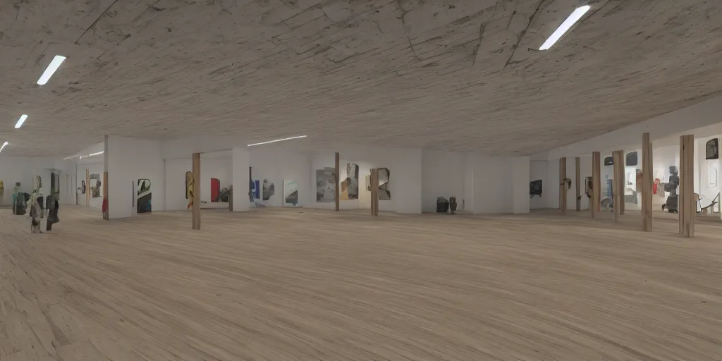 Prompt: a coloured 3 d octane model of a brutalism art gallery with wooden floor, highly detailed