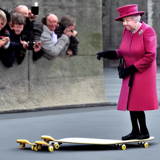 Image similar to queen elizabeth riding a skateboard