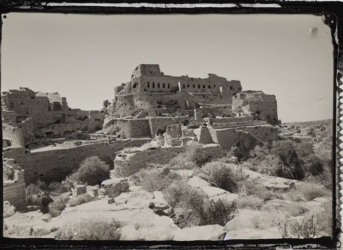 Image similar to Photograph of sprawling cliffside pueblo ruins, showing terraced gardens and narrow stairs in lush desert vegetation in the foreground, albumen silver print, Smithsonian American Art Museum