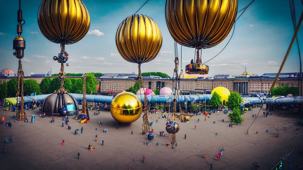 Prompt: large colorful futuristic space age metallic steampunk steam - powered balloons with pipework and electrical wiring around the outside, and people on rope swings underneath, flying high over the beautiful berlin city landscape, professional photography, 8 0 mm telephoto lens, realistic, detailed, photorealistic, photojournalism