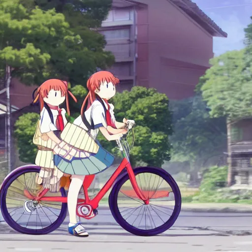 Prompt: Two Japanese high school girls going home on a bicycle, by Kyoto Animation