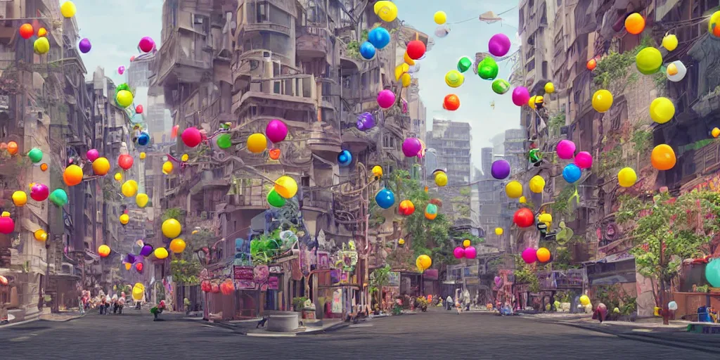 Prompt: a city street where everything is made from tiny inflatable balloons, hyper real, trending on Art Station, Octane render