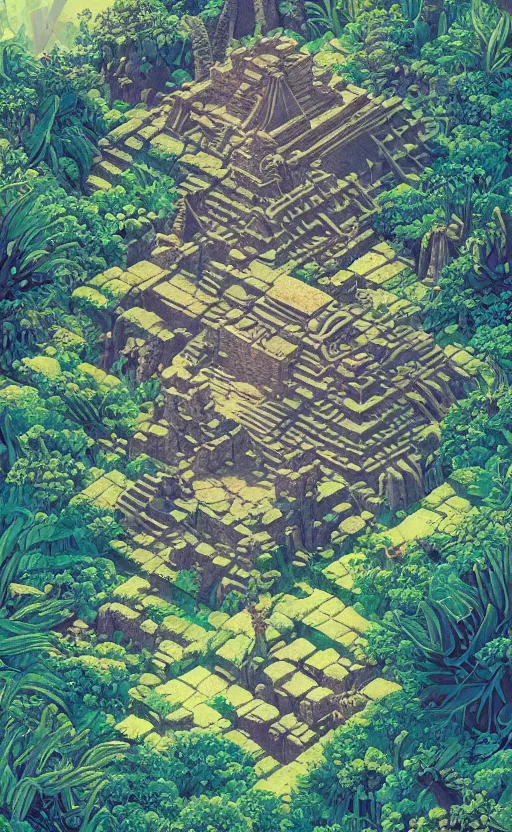 Prompt: a mayan temple, microscopic tardigrade, microbiology, flat, ruins, civilization, vegetation, large leaves, futuristic, sharp focus, electric swirls, backlight, risograph, intricate details, disney pixar, james gilleard, moebius, print, iridescent, global illumination, anime, game art