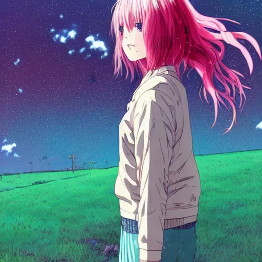 Image similar to a super detailed moe protagonist girl with pink hair in a field by inio asano, beeple and james jean, aya takano color style, 4 k, super detailed, night sky, digital art, digital painting, celestial, majestic, colorful