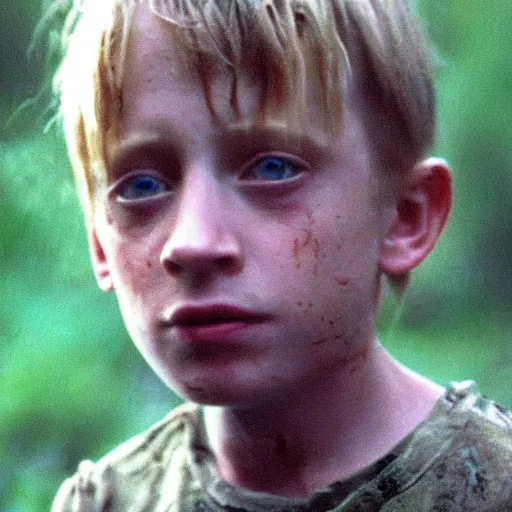 Prompt: cinematic still of macaulay culkin age 8, covered in mud and watching a predator in a swamp in 1 9 8 7 movie predator, hd, 4 k