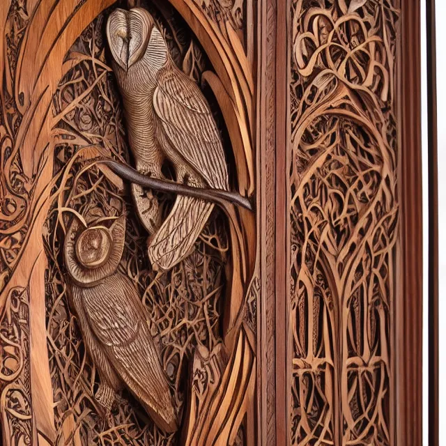 Prompt: a 3 d wooden mahogany art nouveau carved sculpture of a barn owl, in front of a delicate tracery pattern, intricate and highly detailed, well - lit, ornate, realistic, polished with visible wood grain