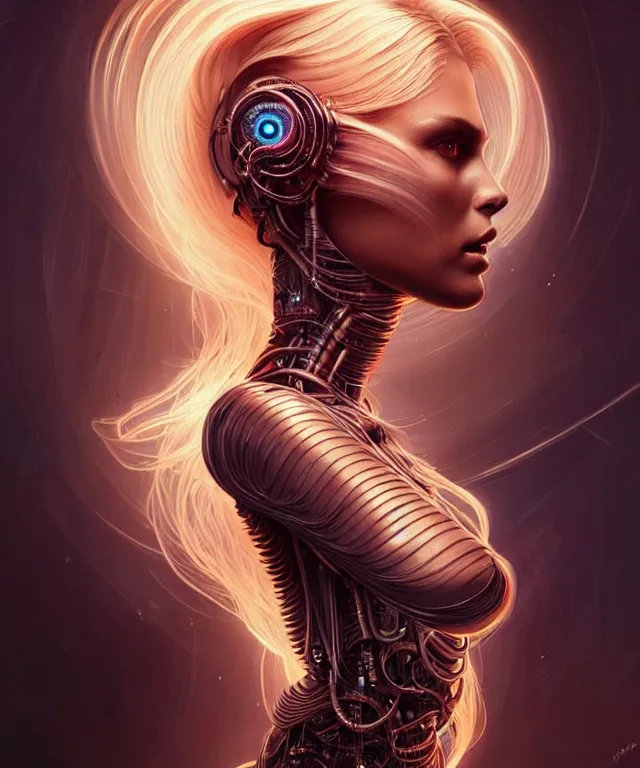 Image similar to Supermodel woman turning into an Android portrait, dark surrealism , scifi, intricate, elegant, sharp eyebrows, ornate long flowing blonde hair, highly detailed cybernetic body, neon glowing eyes, digital painting, artstation, concept art, smooth, sharp focus, illustration, art by Artgerm and moebius and Peter Mohrbacher