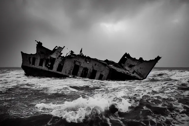 Image similar to danila tkachenko, low key lighting, a ship wreck near an abandoned high soviet apartment building in the middle of the stormy ocean, storm, lighning storm, crashing waves, dramatic lighting