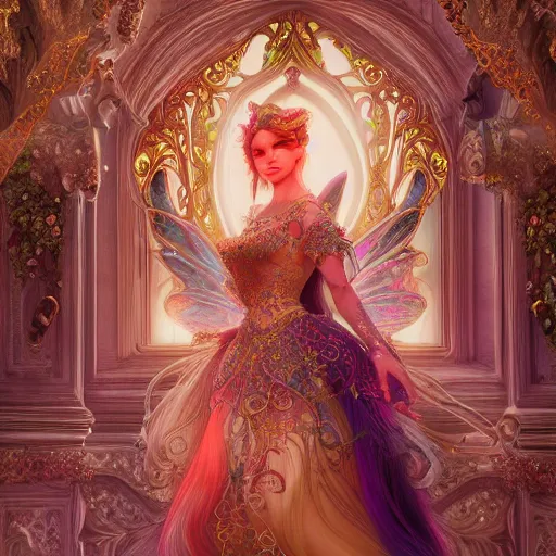 Image similar to portrait of fairy princess, beautiful, attractive, glowing, ornate and intricate, jaw dropping, dynamic lighting, colorful, fairy tale, intricate and detailed, 4 k octane render