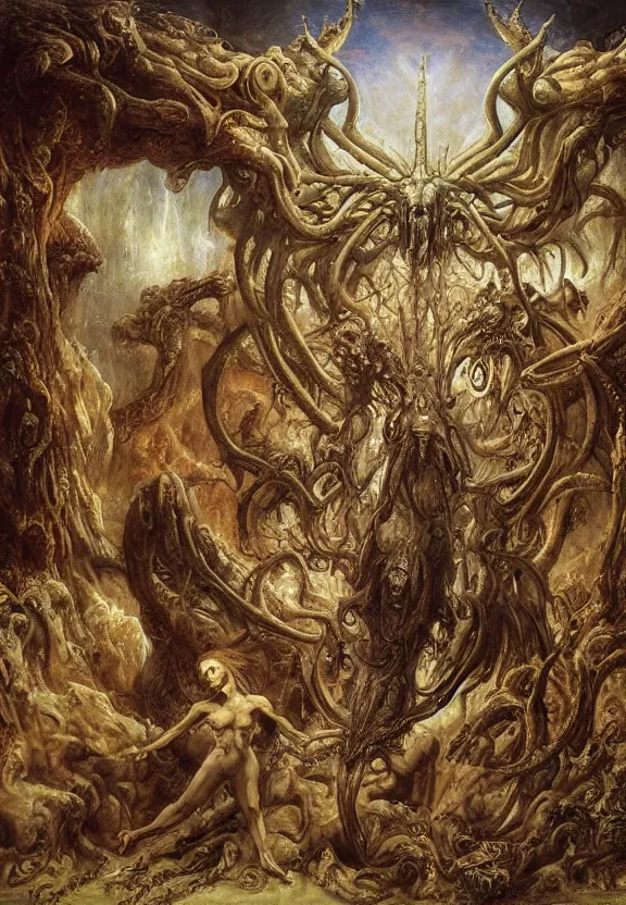 Image similar to simplicity muscular eldritch demons radiating town fractal, by h. r. giger and esao andrews and maria sibylla merian eugene delacroix, gustave dore, thomas moran, pop art, chiaroscuro, biopunk, art nouveau