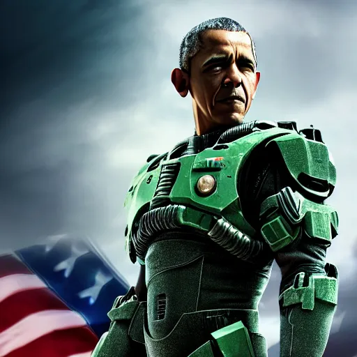 Prompt: a professional photograph of barak obama as master chief, posing in front of a massive american flag, movie poster, cinematic, 4 k, wallpaper, lifelike, highly detailed