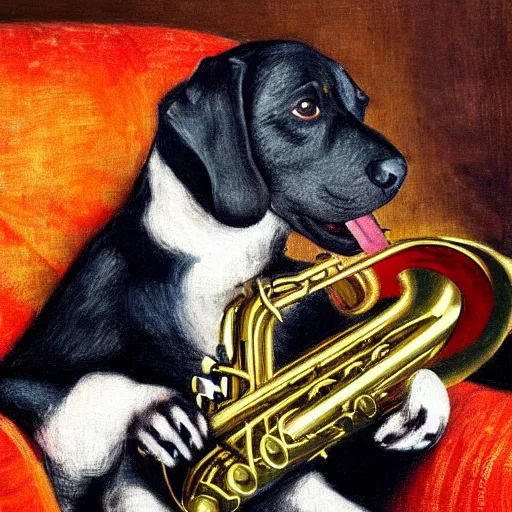 Prompt: dog playing the saxophone, sitting on the couch, medieval portrait, impressionism, close up