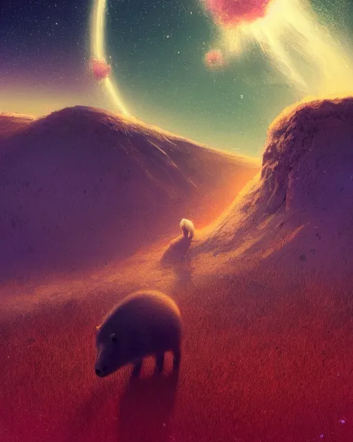 Image similar to white capybara under a sky full of stars, surreal photography, volumetric light, impressionist painting, digital painting, artstation, kilian eng, john harris, bastien lecouffe - deharme, simon stalenhag