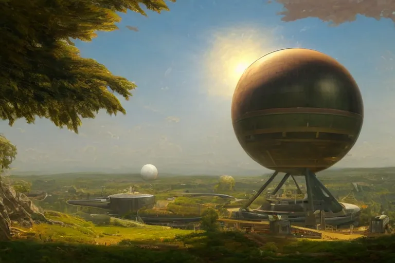 Image similar to a beautiful impressive science fiction big factory with a spherical architecture designed by boeing military and star wars with fat cables and pipes at its base, on a beautiful green hill in a the french countryside during spring season, painting by studio ghibli backgrounds and frederic edwin church hd, nice spring afternoon lighting, smooth tiny details, soft and clear shadows, low contrast, perfect