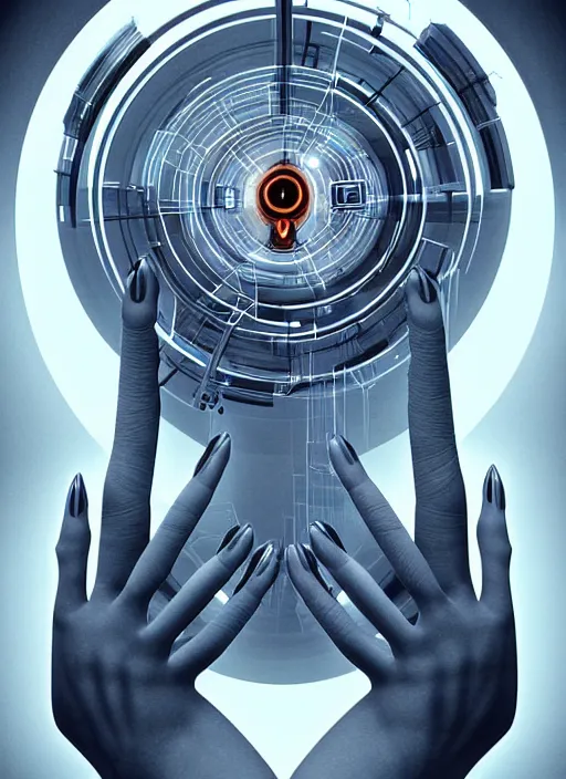 Image similar to symmetry!! mechanism in the palm of a hand, product render retro - futuristic poster scifi, intricate, elegant, highly detailed, digital painting, artstation, concept art, smooth, sharp focus, illustration, dreamlike, art by artgerm