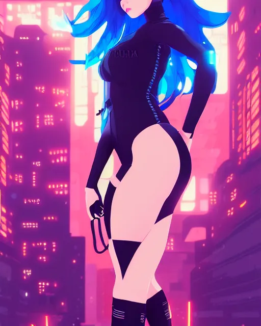 Image similar to digital illustration of cyberpunk pretty girl with blue hair, wearing a black dominatrix outfit, in city street at night, by makoto shinkai, ilya kuvshinov, lois van baarle, rossdraws, basquiat