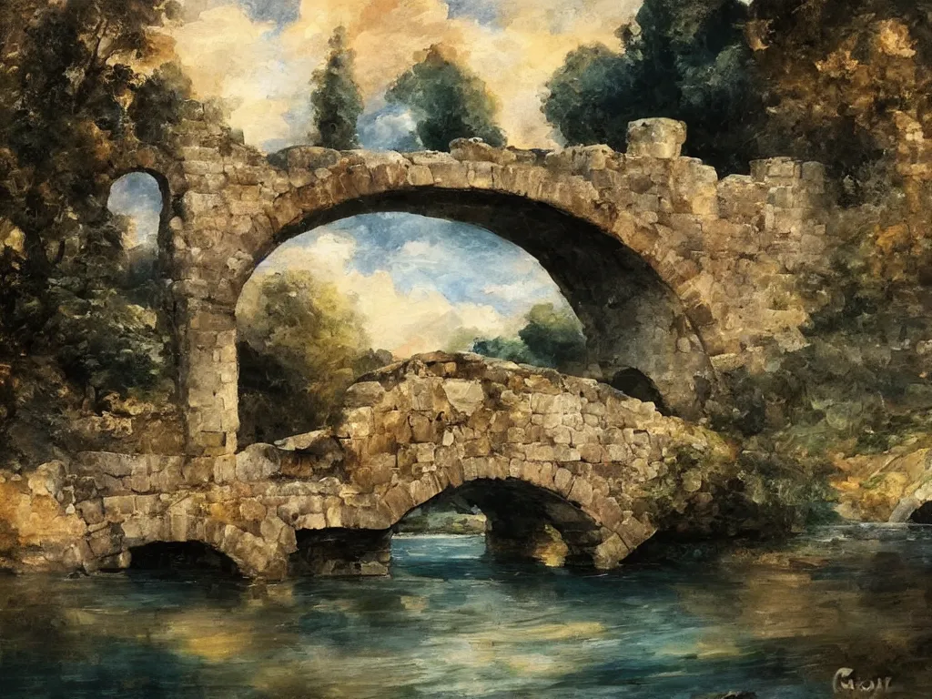 Image similar to modern stylized oil painting of medieval stone bridge, very very very beautiful, funny structure, romanticism by goya, bright art, cinematic dramatic lighting, plants and water