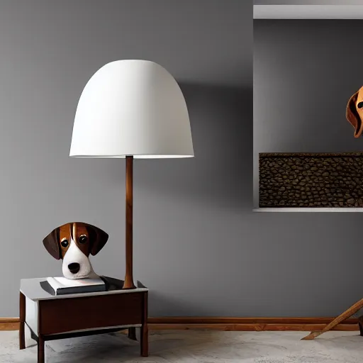 Image similar to a large lamp, shaped as a 3d beagle puppy head, placed in a large living room, art designers magazine HD photo superrealism 3d 8k resolution