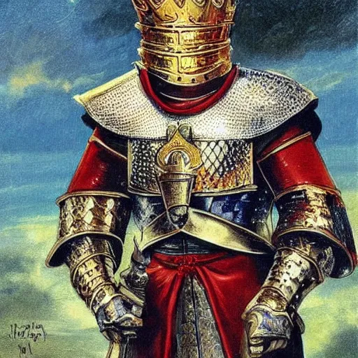 Prompt: knights armor, donald trump, crown, donald trump's face, detailed face, posing like a knight, boots!!!, vibrant colors, medieval castle, valiant, by hans thoma