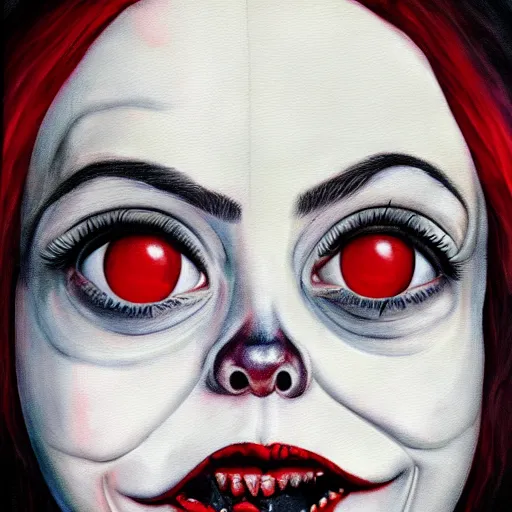 Image similar to grunge painting of billie eilish with her face split down the middle with a wide smile and a red balloon by chris leib, loony toons style, pennywise style, corpse bride style, horror theme, detailed, elegant, intricate