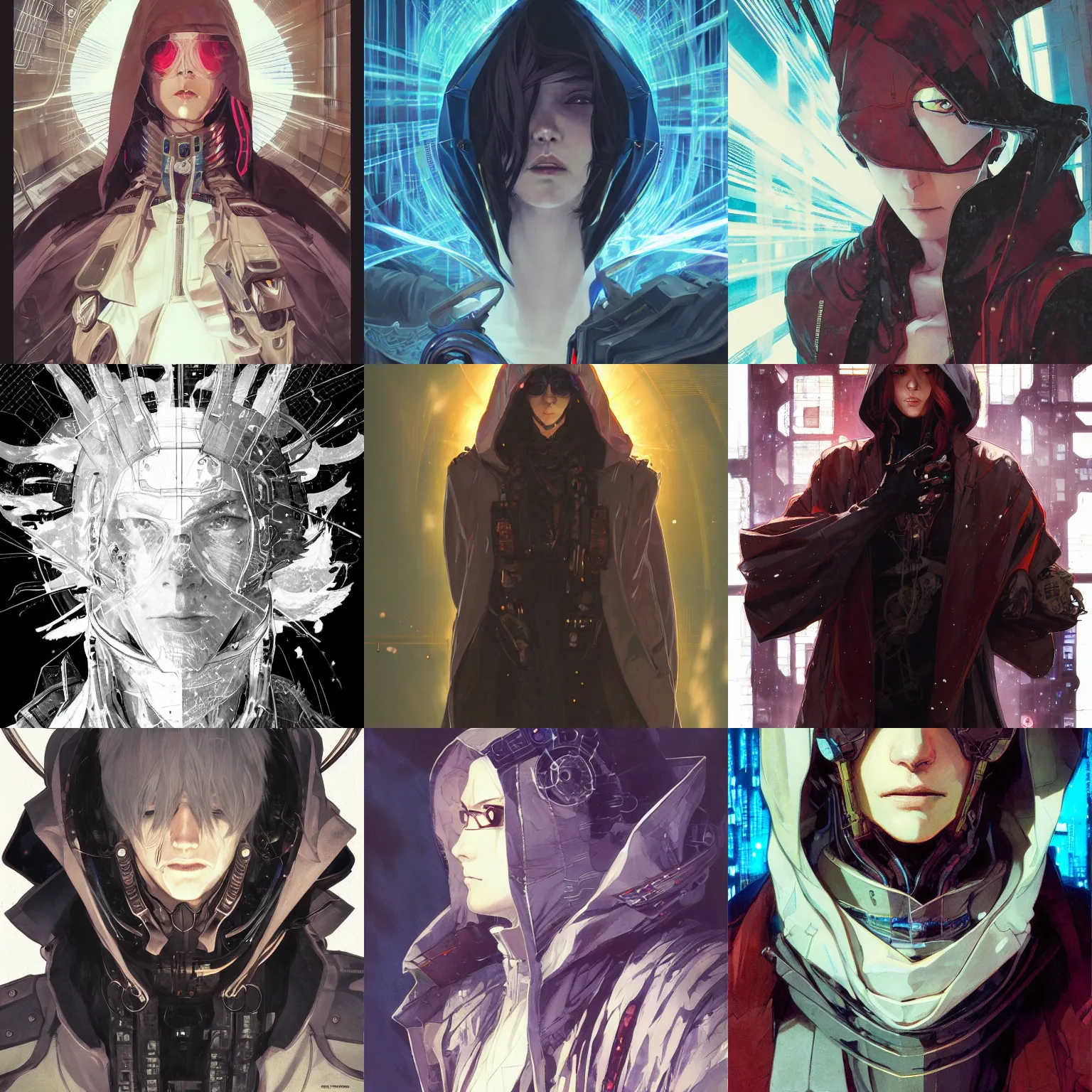 Prompt: detailed portrait of cyberpunk wizard, wearing sci - fi cloak with hood, by shigenori soejima, greg rutkowski, jesper ejsing, katsuhiro otomo, krenz cushart, rossdraws, alphonse mucha, rule of thirds, seductive look, beautiful