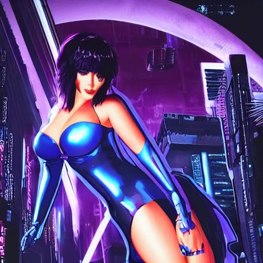 Prompt: cyberpunk Blade Runner 2077 Ghost in the Shell big bust beautiful synthwave witch girl in blue latex dress and blue latex gloves