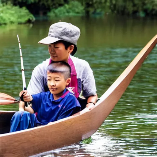 Image similar to Asian boy fishing with his father in canoe