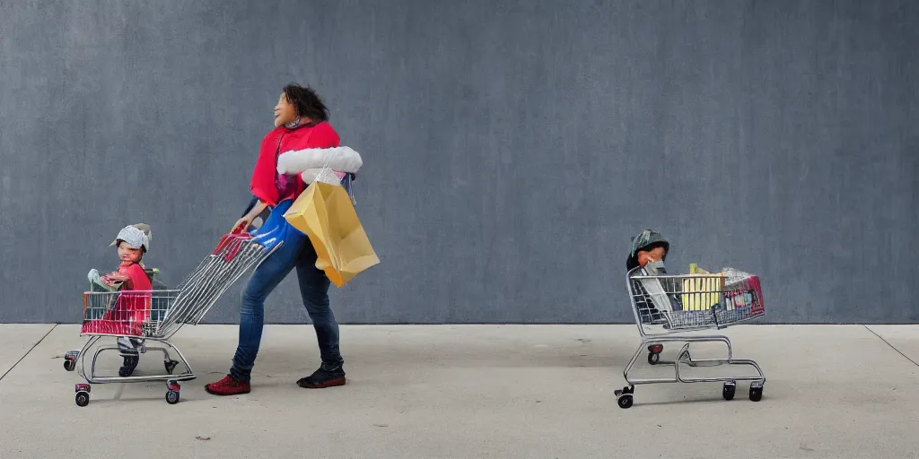 Image similar to homeless mother pushing a shopping cart with a child riding in it, in front of a blank wall, hyperrealistic