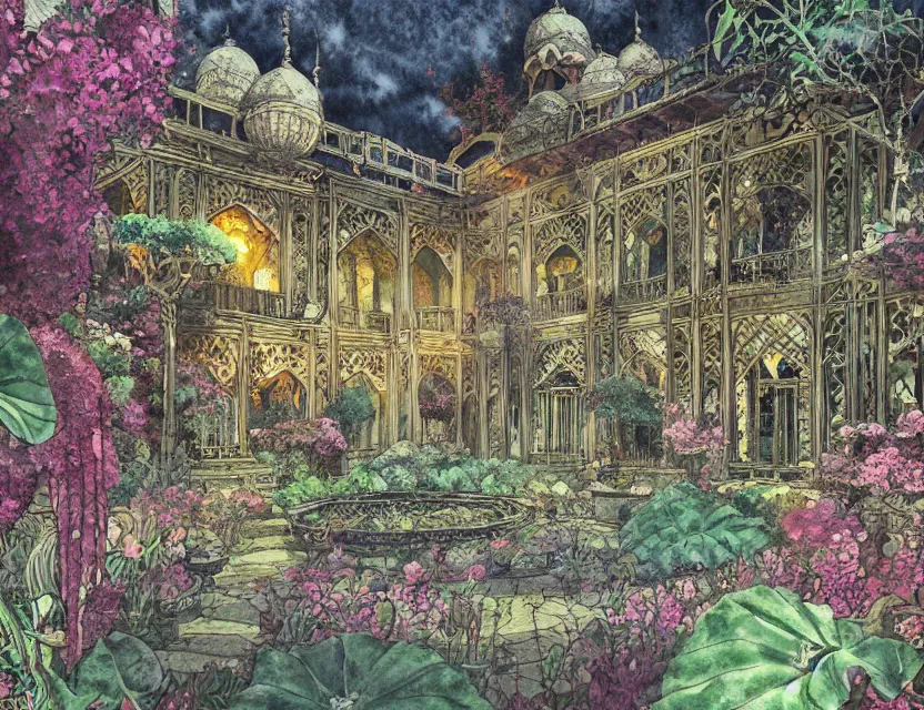 Prompt: lovecraftian persian palace garden. this watercolor painting by the award - winning mangaka has dramatic lighting, an interesting color scheme, a sense of depth.