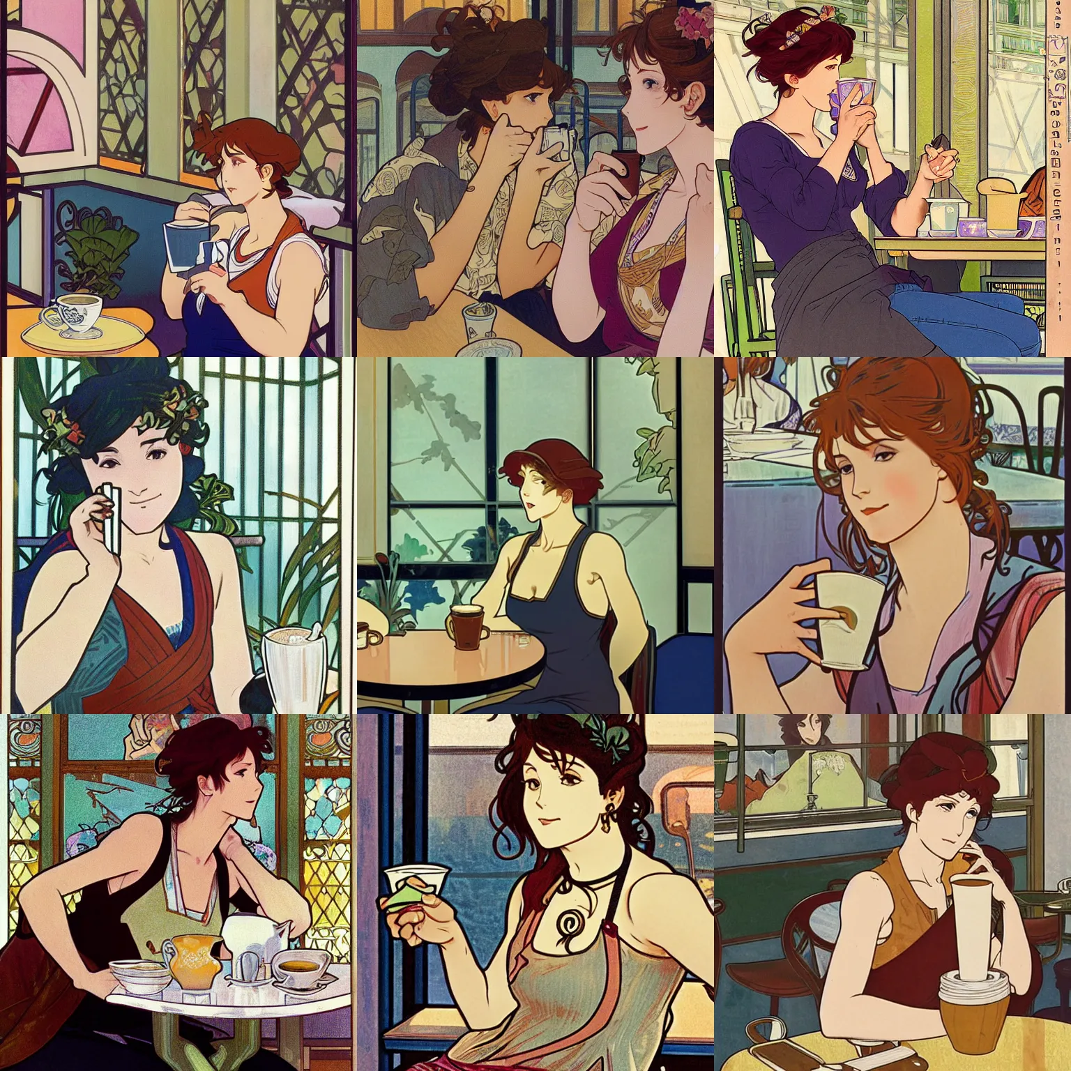 Prompt: Woman wearing a tank top and jeans sipping a coffee in a café, by Kyoto Animation and Alphonse Mucha