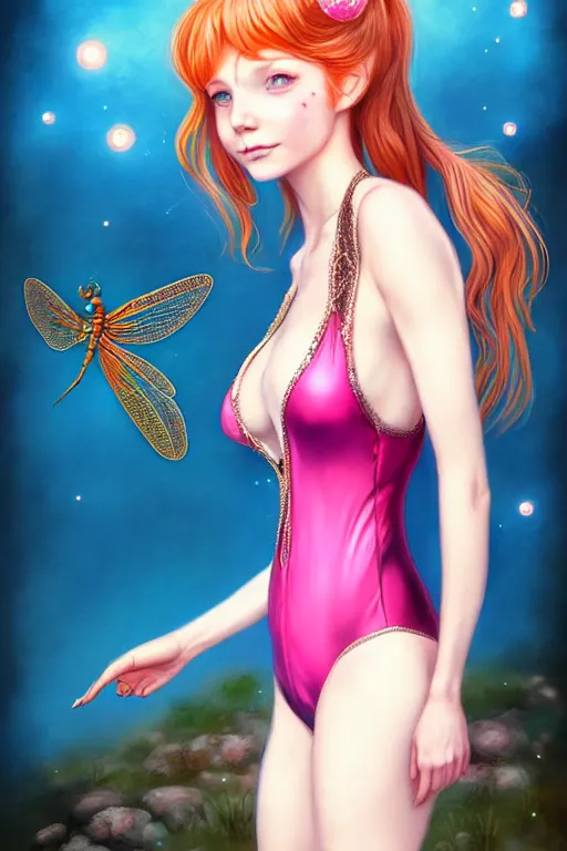 Image similar to beautiful full body portrait of a ginger woman in pigtails, wearing a sparkling pink one piece swimsuit with giant! dragonfly wings, by wlop and artgerm, steampunk! fiction, detailed eyes, starry background, trending, on artstation.