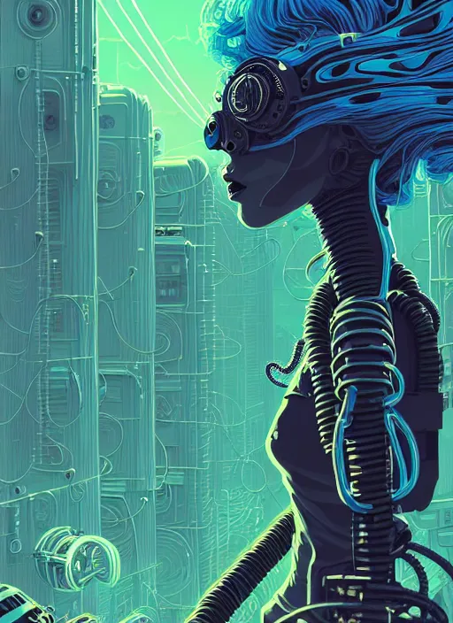 Image similar to highly detailed portrait of wasteland punk long curly neon blue electricity hair tribal lady, stray electric spark wiring by atey ghailan, james gilleard, by joe fenton, by greg rutkowski, by greg tocchini, by kaethe butcher, 4 k resolution, gradient yellow, black and white color scheme!!! ( ( lightning cloudy robotic dystopian city background ) )