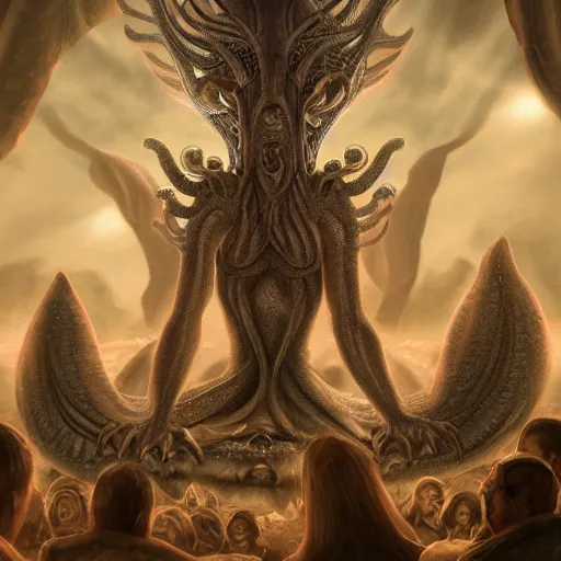 Prompt: ultra realistic digital art of cthulu embodied as a human woman with hundreds of men worshipping at her feet, 4 k