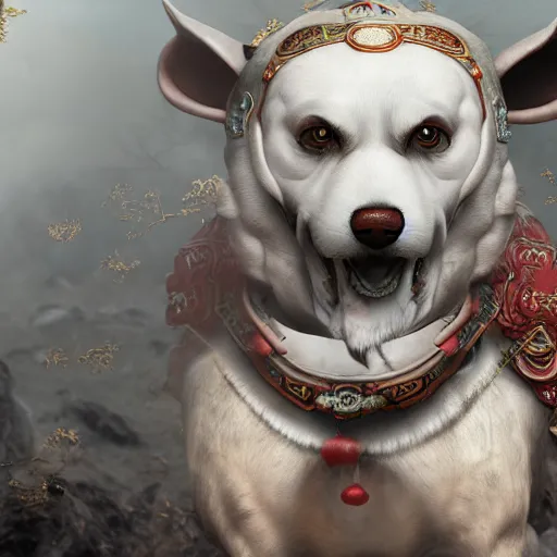 Prompt: The Chinese Zodiac sign of dog warrior, traditional Chinese textures, hyper detail, Unreal engine,Octane render, by Brooke Shaden