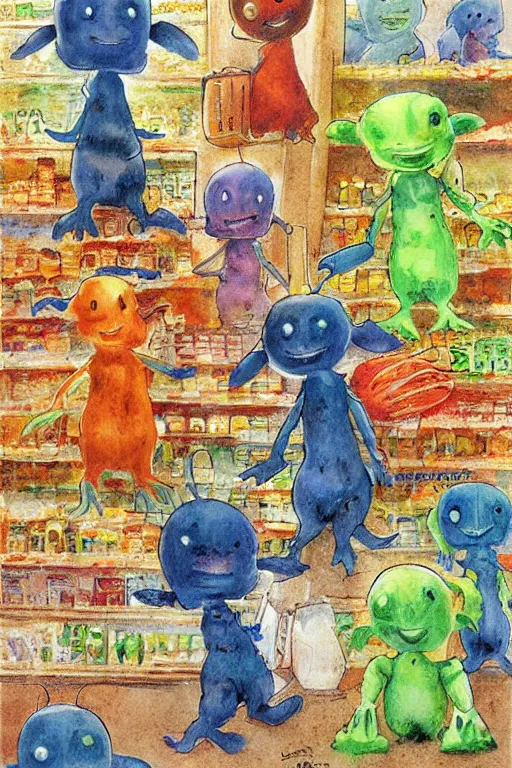 Image similar to cute aliens in a grocery store by jerry pinkney