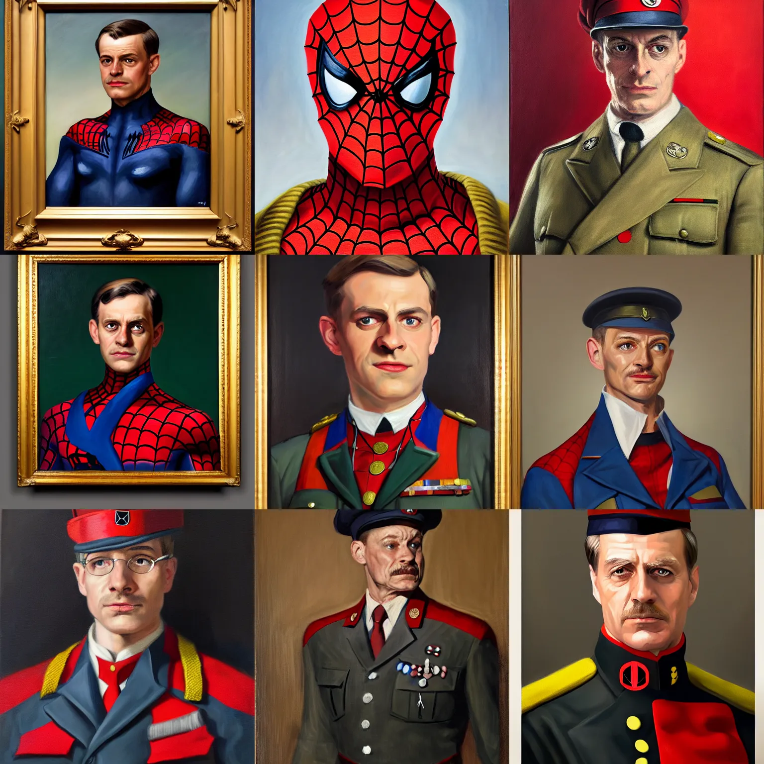 Prompt: portrait of spiderman as the german chancellor, 1 9 3 5, military uniform, oil on canvas by william sidney mount, trending on artstation