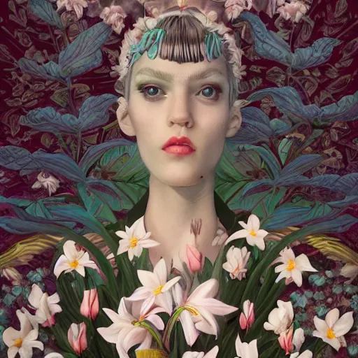 Image similar to pretty model with white lilies : : by martine johanna and simon stalenhag and chie yoshii and casey weldon and wlop : : ornate, dynamic, particulate, rich colors, intricate, elegant, highly detailed, vogue, botanical, harper's bazaar art, fashion magazine, smooth, sharp focus, 8 k, octane render