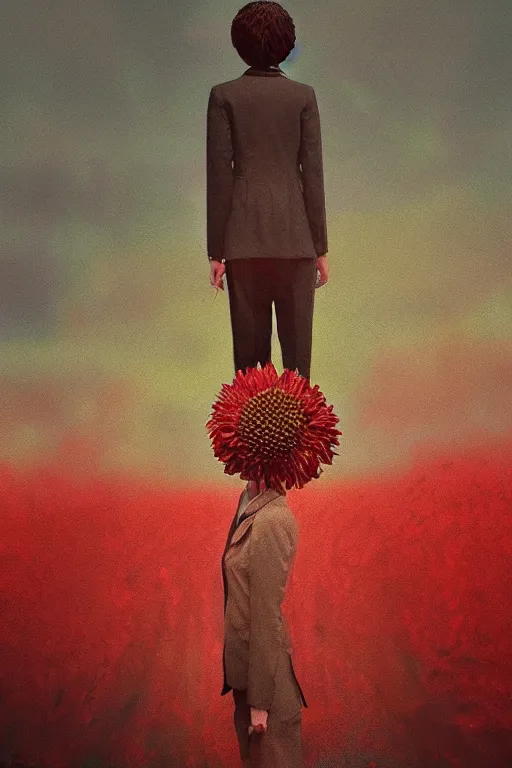 Image similar to closeup giant dahlia flower head, frontal, girl in a suit, standing in street, surreal photography, sunrise, dramatic light, impressionist painting, digital painting, artstation, simon stalenhag